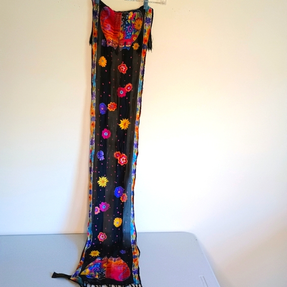 Laurel Burch Fringed Silk Scarf, Black/Bright Multi with Humorous Cat Designs - Picture 4 of 10
